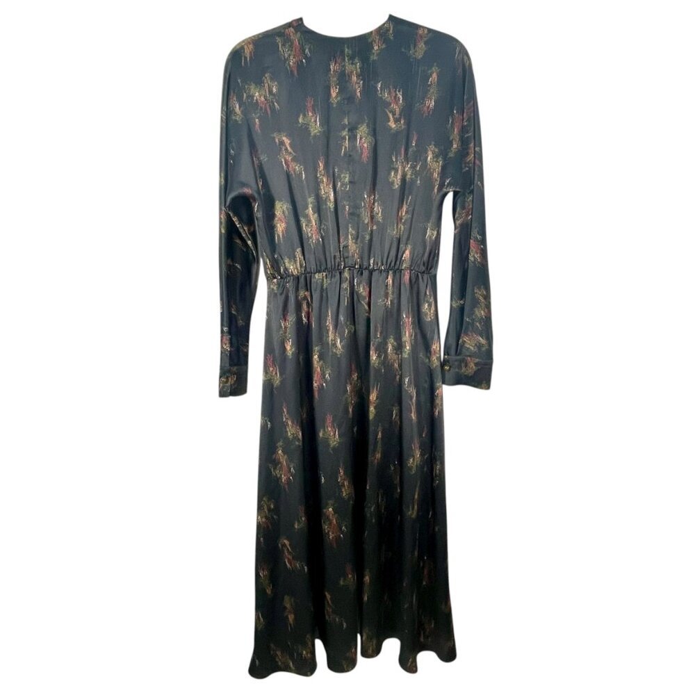 Vince Black Floral Long Sleeve Midi Dress XS Elegant V-Neck Casual Chic - Picture 3 of 15